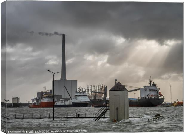 Supply ships for oil and wind power in Esbjerg flooded harbor, Denmark  Canvas Print by Frank Bach