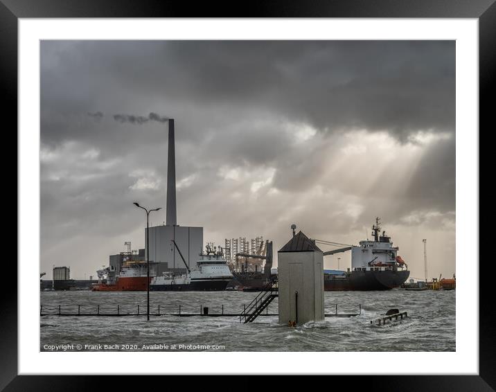 Supply ships for oil and wind power in Esbjerg flooded harbor, Denmark  Framed Mounted Print by Frank Bach