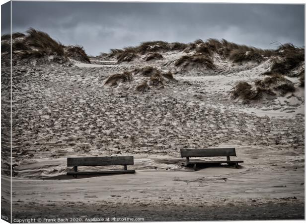 Henne beach in Jutland with benches on a stormy day, Denmark Canvas Print by Frank Bach