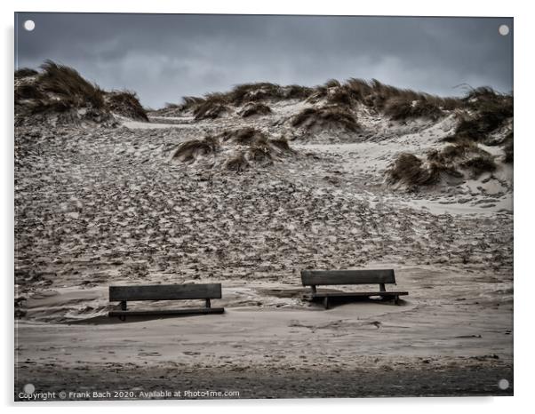 Henne beach in Jutland with benches on a stormy day, Denmark Acrylic by Frank Bach