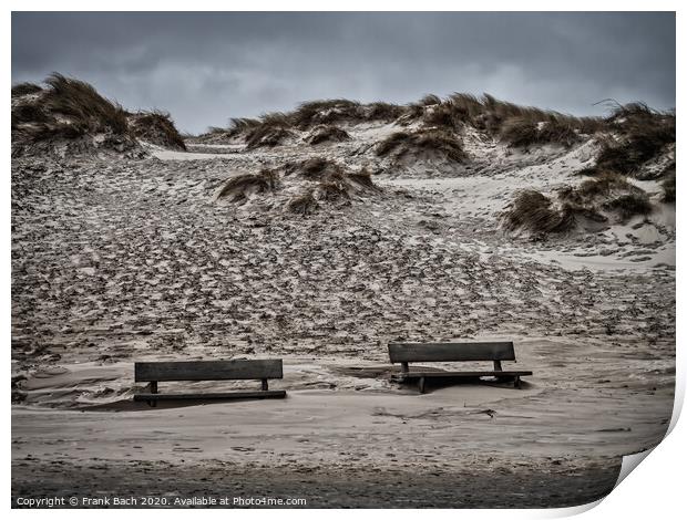 Henne beach in Jutland with benches on a stormy day, Denmark Print by Frank Bach