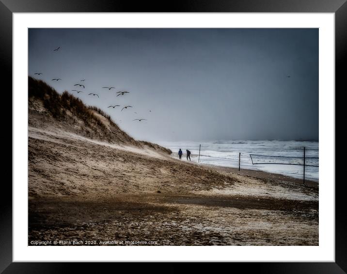 Henne beach in Jutland with benches on a stormy day, Denmark Framed Mounted Print by Frank Bach