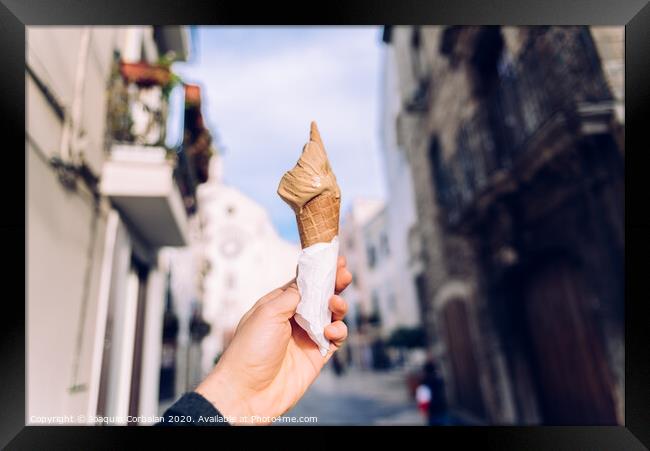 A waffle with ice cream during a walk through an Italian city. Framed Print by Joaquin Corbalan
