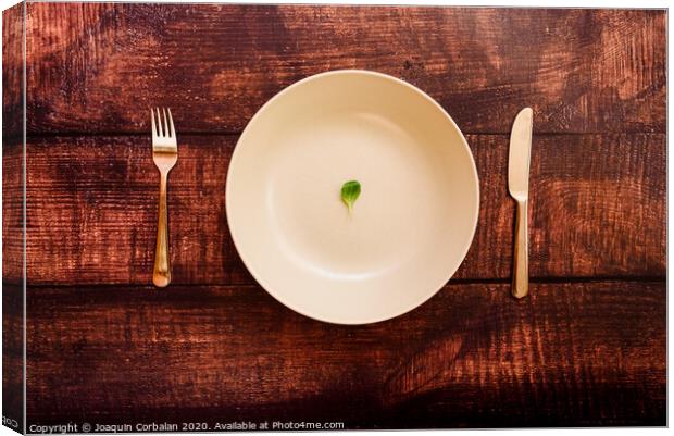 Diet to lose weight, image of plate and cutlery with a little scanty vegetable. Canvas Print by Joaquin Corbalan
