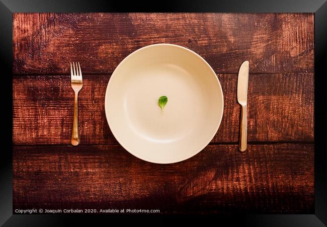 Diet to lose weight, image of plate and cutlery with a little scanty vegetable. Framed Print by Joaquin Corbalan