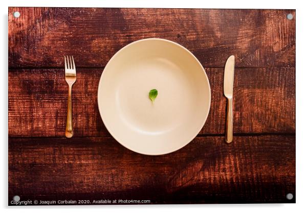 Diet to lose weight, image of plate and cutlery with a little scanty vegetable. Acrylic by Joaquin Corbalan