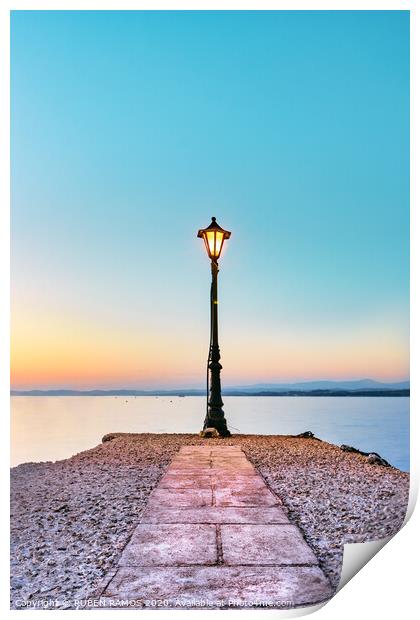 Old Vintage Lantern over sea at sunset. Print by RUBEN RAMOS