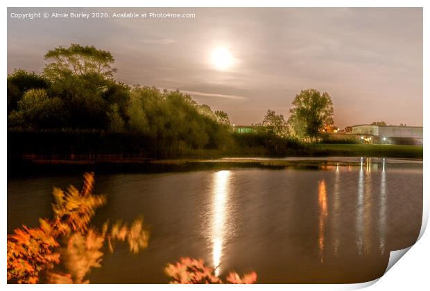 Golden moon over the lake Print by Aimie Burley