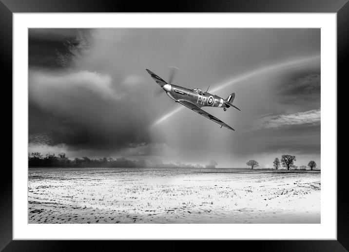 Spitfire with snow shower rainbow, B&W version Framed Mounted Print by Gary Eason