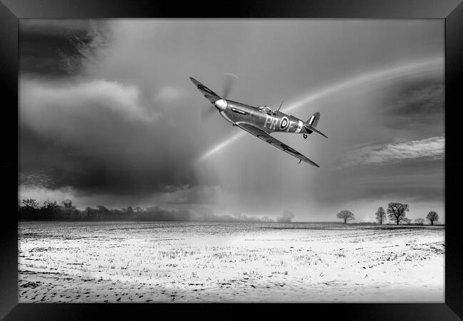 Spitfire with snow shower rainbow, B&W version Framed Print by Gary Eason
