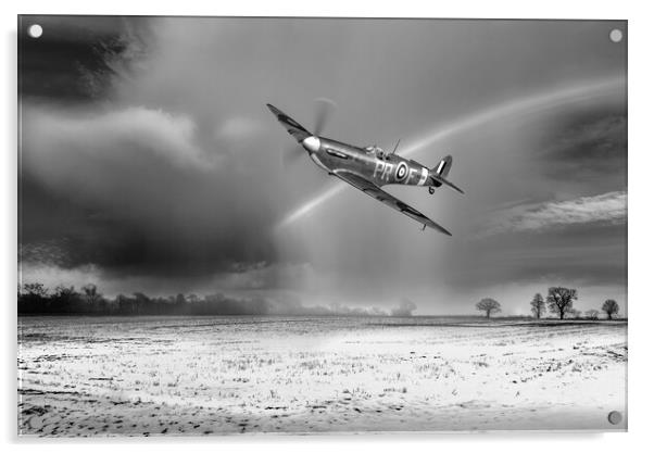 Spitfire with snow shower rainbow, B&W version Acrylic by Gary Eason