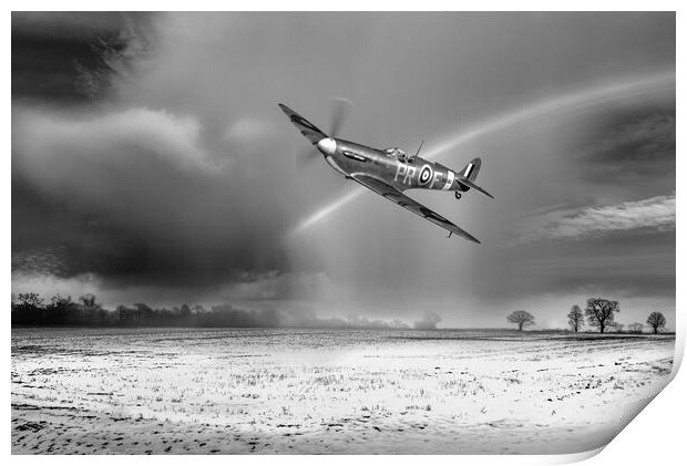 Spitfire with snow shower rainbow, B&W version Print by Gary Eason