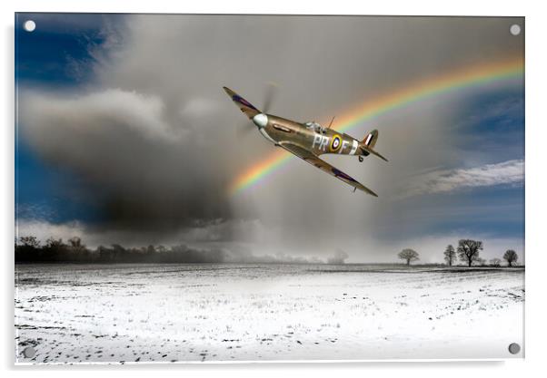 Spitfire with snow shower rainbow Acrylic by Gary Eason