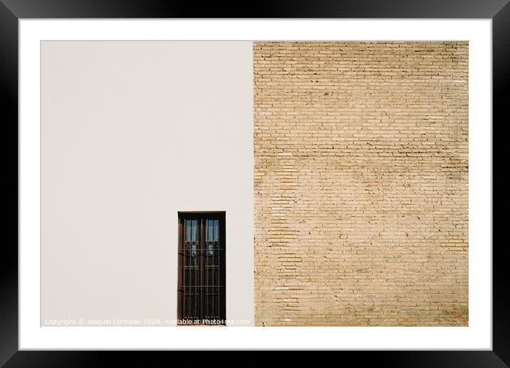 Background of a wall half white and half with bricks, divided into two halves. Framed Mounted Print by Joaquin Corbalan