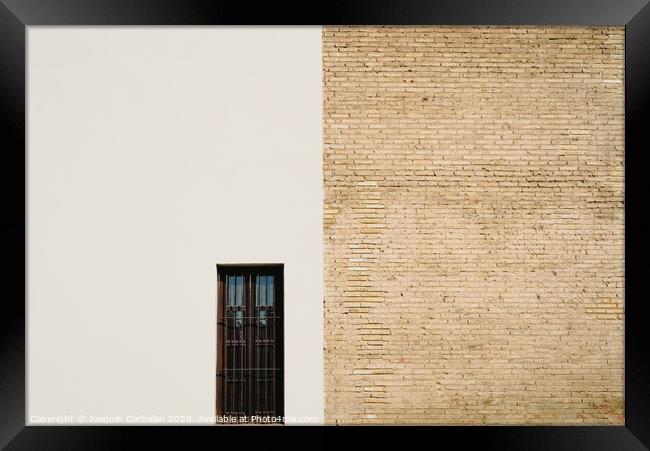 Background of a wall half white and half with bricks, divided into two halves. Framed Print by Joaquin Corbalan