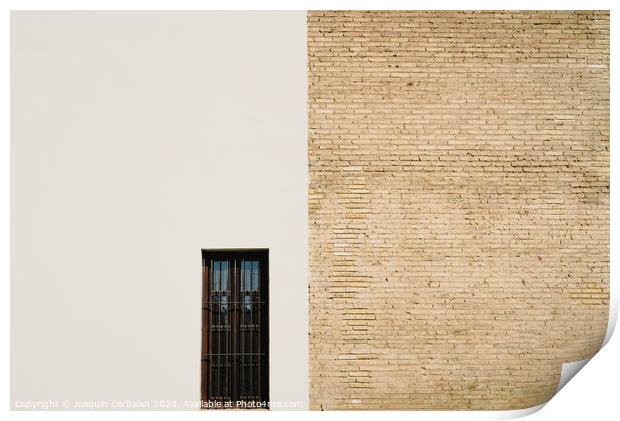 Background of a wall half white and half with bricks, divided into two halves. Print by Joaquin Corbalan