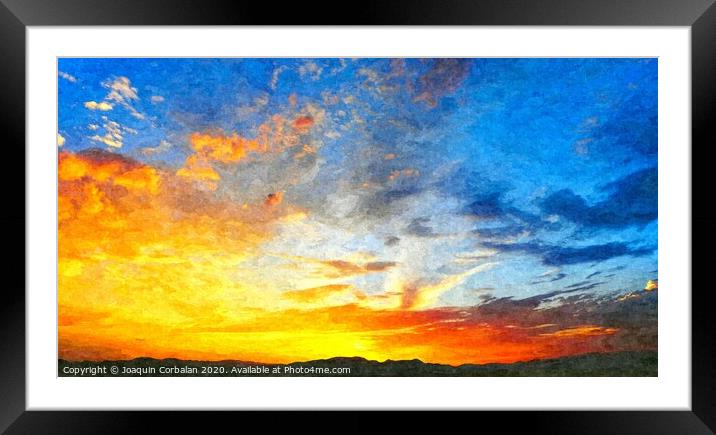 Beautiful sunset in landscape in nature with warm sky, digital art oil painting from a photograph. Framed Mounted Print by Joaquin Corbalan