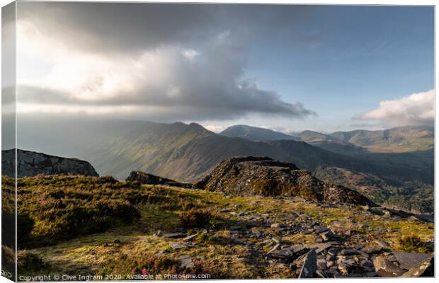 The Snowdonia mountain landscape from Dinorwic Sla Canvas Print by Clive Ingram