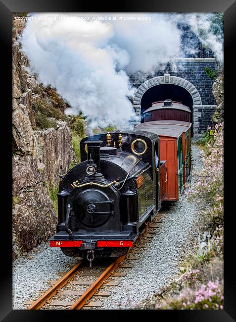 Ffestiniog Railway locomotive, Welsh Pony, exits Moelwyn Tunnel. Framed Print by David Thurlow