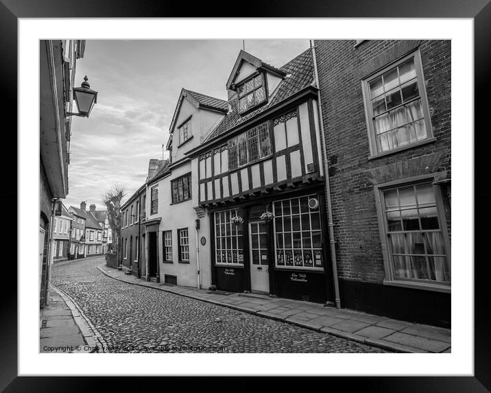 Elm Hill, the oldest street in Norwich bw Framed Mounted Print by Chris Yaxley