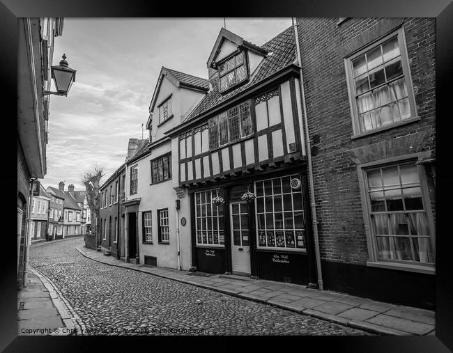 Elm Hill, the oldest street in Norwich bw Framed Print by Chris Yaxley