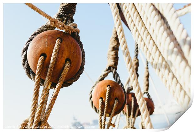 Rigging and ropes on an old sailing ship to sail in summer. Print by Joaquin Corbalan