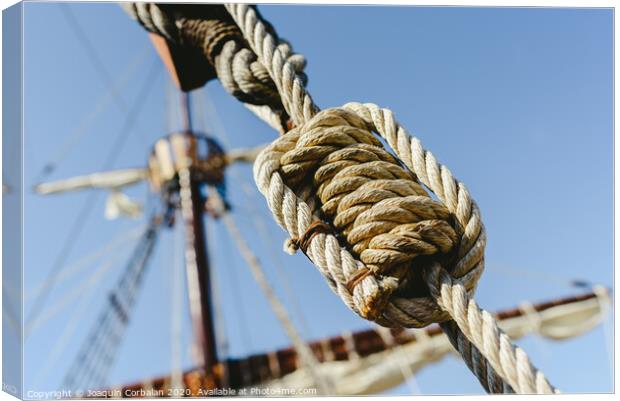 Rigging and ropes on an old sailing ship to sail in summer. Canvas Print by Joaquin Corbalan