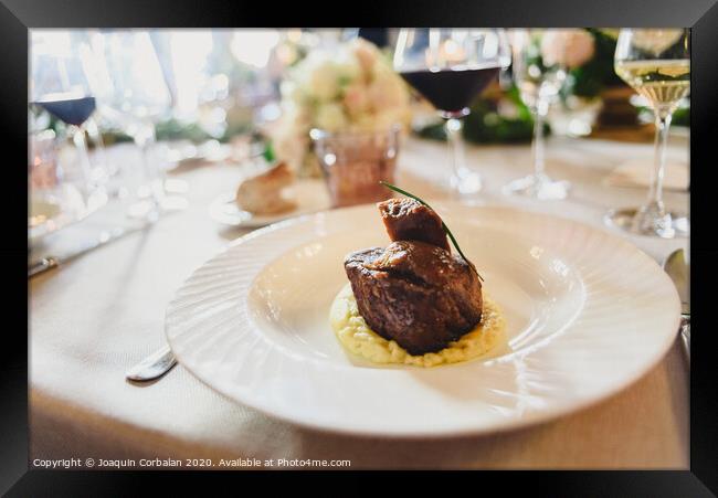 Meat dish served elegantly in a luxurious wedding in an event restaurant. Framed Print by Joaquin Corbalan