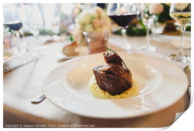 Meat dish served elegantly in a luxurious wedding in an event restaurant. Print by Joaquin Corbalan