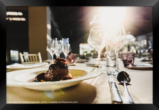 Exquisite veal dish with sauce served in luxury cutlery with sunbeams in a restaurant. Framed Print by Joaquin Corbalan