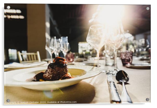 Exquisite veal dish with sauce served in luxury cutlery with sunbeams in a restaurant. Acrylic by Joaquin Corbalan