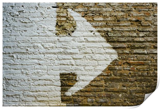 Brick wall with big white arrow indicating direction, background with copy space. Print by Joaquin Corbalan