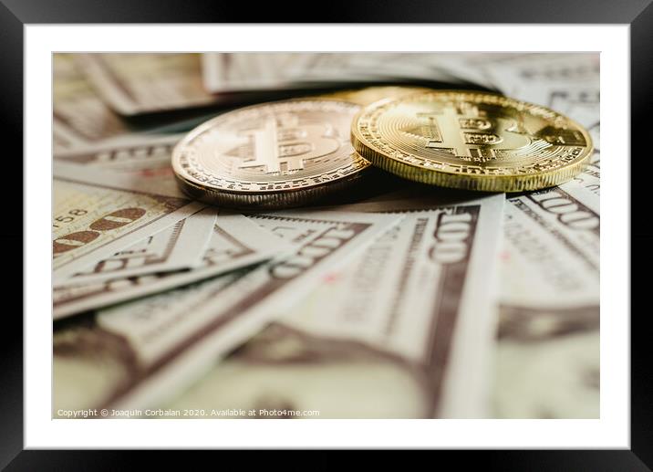 real bitcoins with a value higher than hundreds of dollars in bills. Framed Mounted Print by Joaquin Corbalan