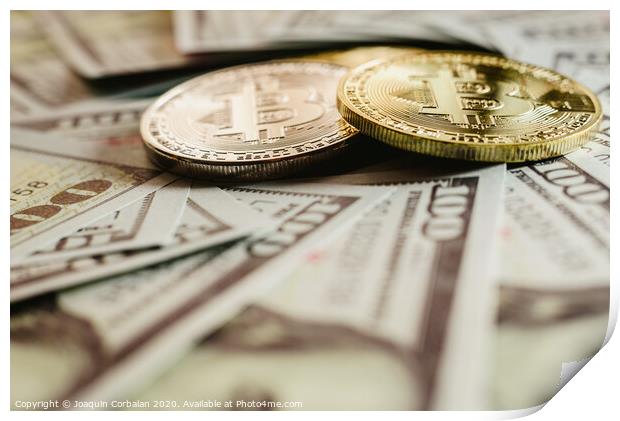 real bitcoins with a value higher than hundreds of dollars in bills. Print by Joaquin Corbalan