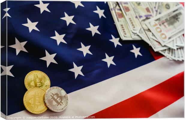 Bitcoins and american dollar bills with US flag background, copy space. Canvas Print by Joaquin Corbalan