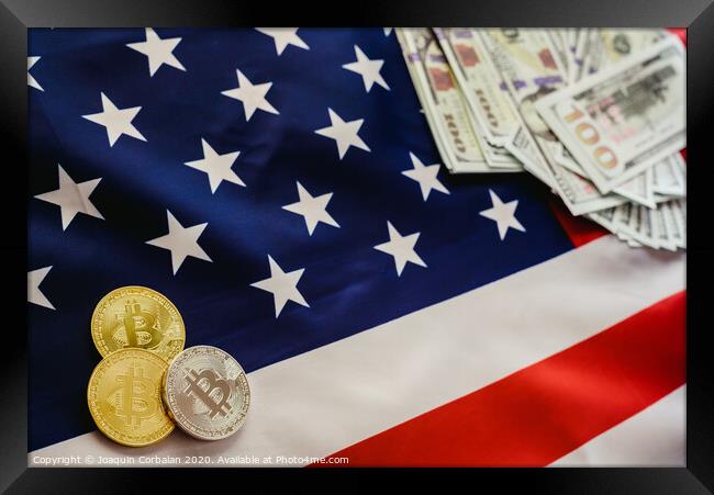 Bitcoins and american dollar bills with US flag background, copy space. Framed Print by Joaquin Corbalan