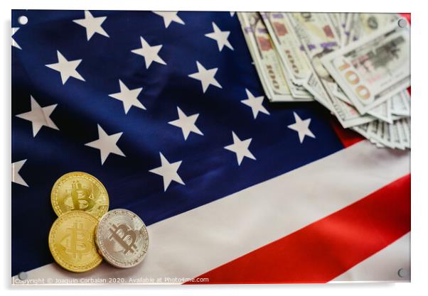 Bitcoins and american dollar bills with US flag background, copy space. Acrylic by Joaquin Corbalan