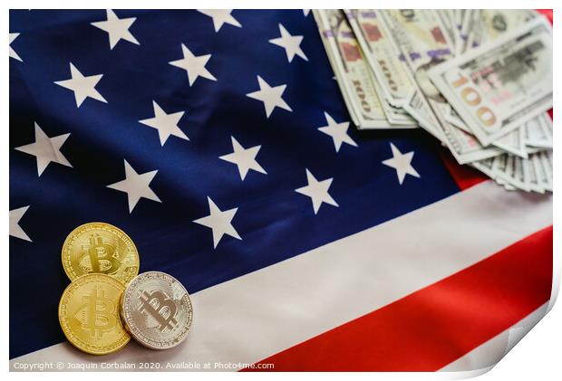 Bitcoins and american dollar bills with US flag background, copy space. Print by Joaquin Corbalan