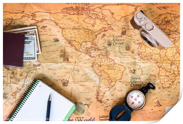 A traveler plans his trip around the world on an old map, while taking notes to get inspired. Print by Joaquin Corbalan