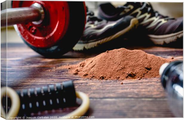 Athletes need to consume extra protein powder supplement, in the image with cocoa flavor, to improve their sports performance. Canvas Print by Joaquin Corbalan
