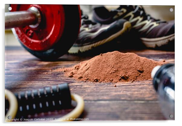 Athletes need to consume extra protein powder supplement, in the image with cocoa flavor, to improve their sports performance. Acrylic by Joaquin Corbalan