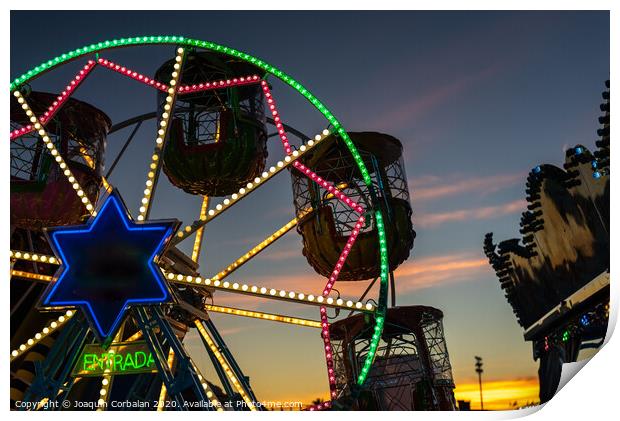 Amusement park at dusk with ferris wheel in the background. Print by Joaquin Corbalan