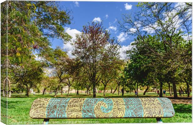 Wooden bench to rest decorated with a beautiful design of labyrinthine lines in a public garden. Canvas Print by Joaquin Corbalan