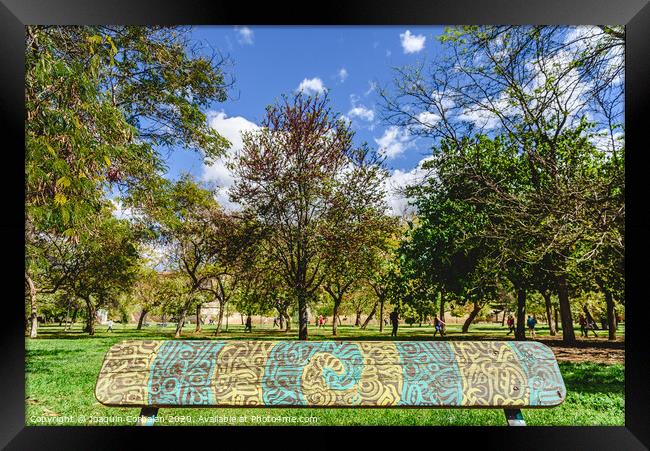 Wooden bench to rest decorated with a beautiful design of labyrinthine lines in a public garden. Framed Print by Joaquin Corbalan