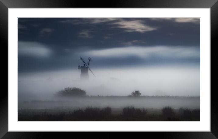 A misty moonlit Burnham Overy Staithe mill Framed Mounted Print by Gary Pearson