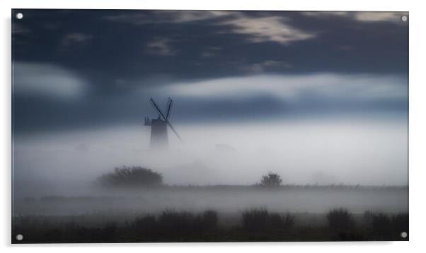 A misty moonlit Burnham Overy Staithe mill Acrylic by Gary Pearson