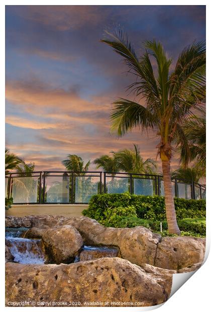 Palm Tree and Fountain at Dusk Print by Darryl Brooks