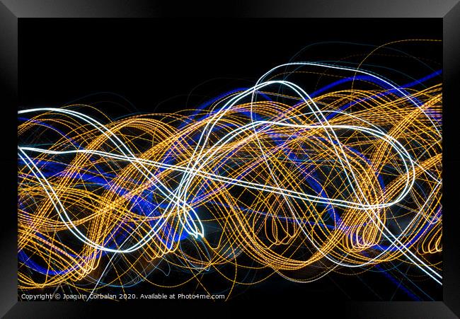 Colorful light painting with circular shapes and abstract black background. Framed Print by Joaquin Corbalan
