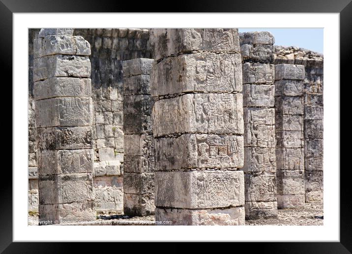 Carved stone columns with Mayan images in Chichen Itza, Mexico. Framed Mounted Print by Joaquin Corbalan