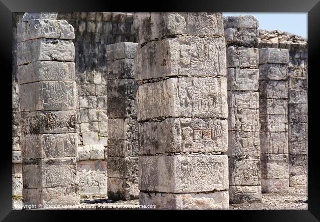 Carved stone columns with Mayan images in Chichen Itza, Mexico. Framed Print by Joaquin Corbalan
